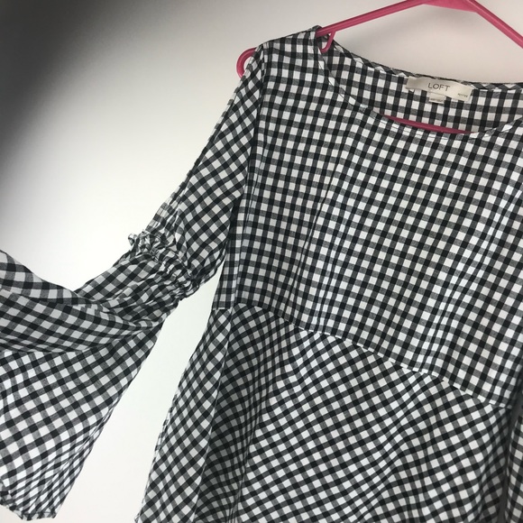 Ann Taylor Loft Black White Gingham Blouse Bell Sl - Picture 7 of 8